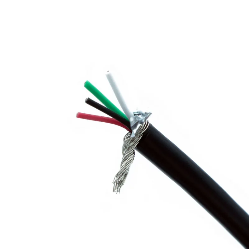 Close-up of a cut black cable showing 4 wires of braided shield cable USB 2.0, 28 AWG (3.2 mm) with exposed red, green, white, and black wires and silver shielding strands against a white background.