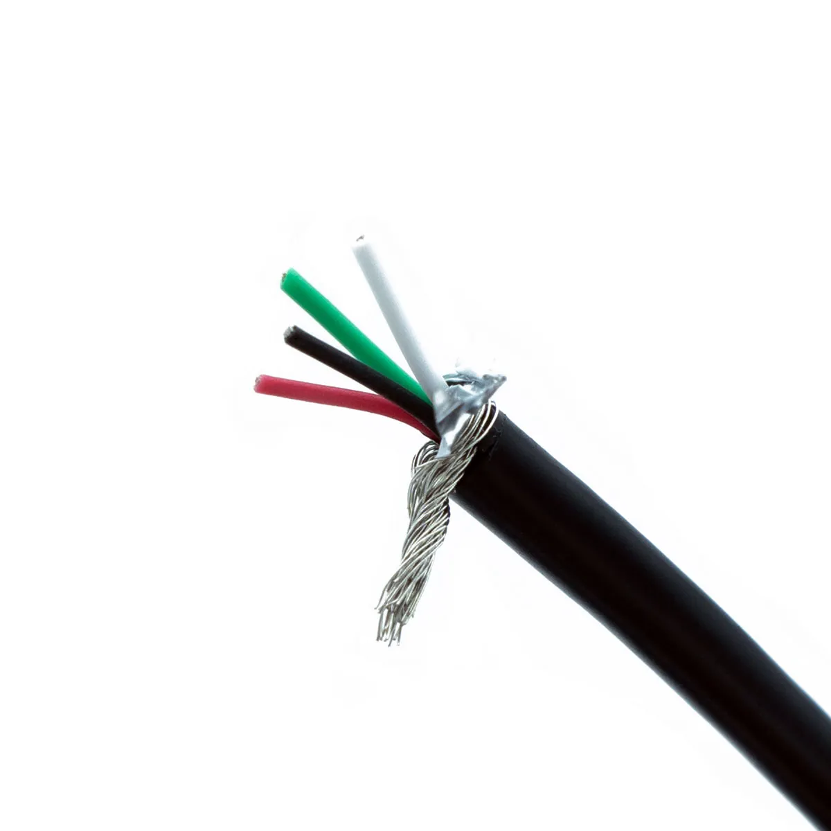 Close-up of a cut black cable showing 4 wires of braided shield cable USB 2.0, 28 AWG (3.2 mm) with exposed red, green, white, and black wires and silver shielding strands against a white background.