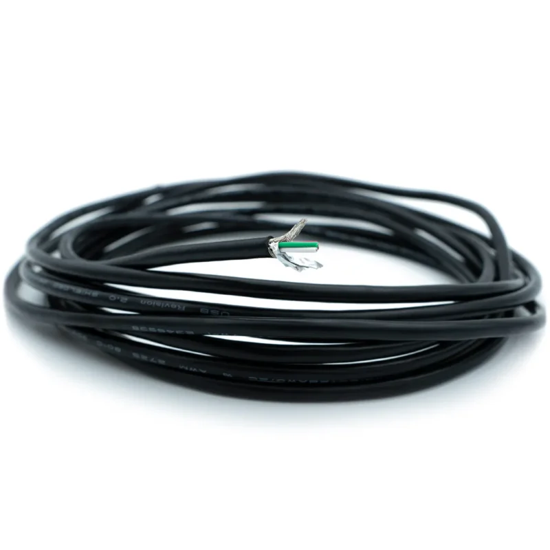 A coiled black braided shield cable USB 2.0, 28 AWG (3.2 mm) with exposed ends revealing the copper core and insulation layers.