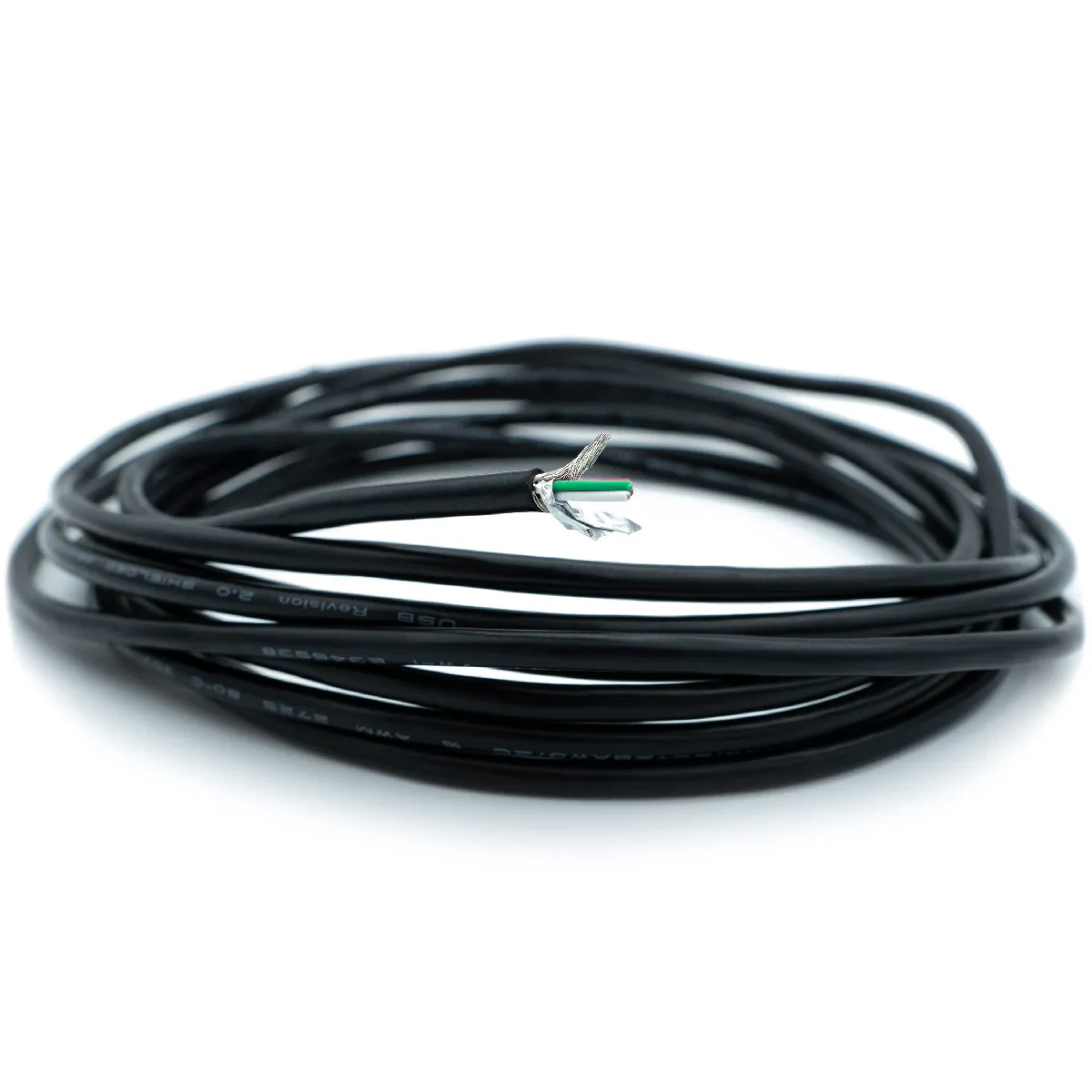 A coiled black braided shield cable USB 2.0, 28 AWG (3.2 mm) with exposed ends revealing the copper core and insulation layers.