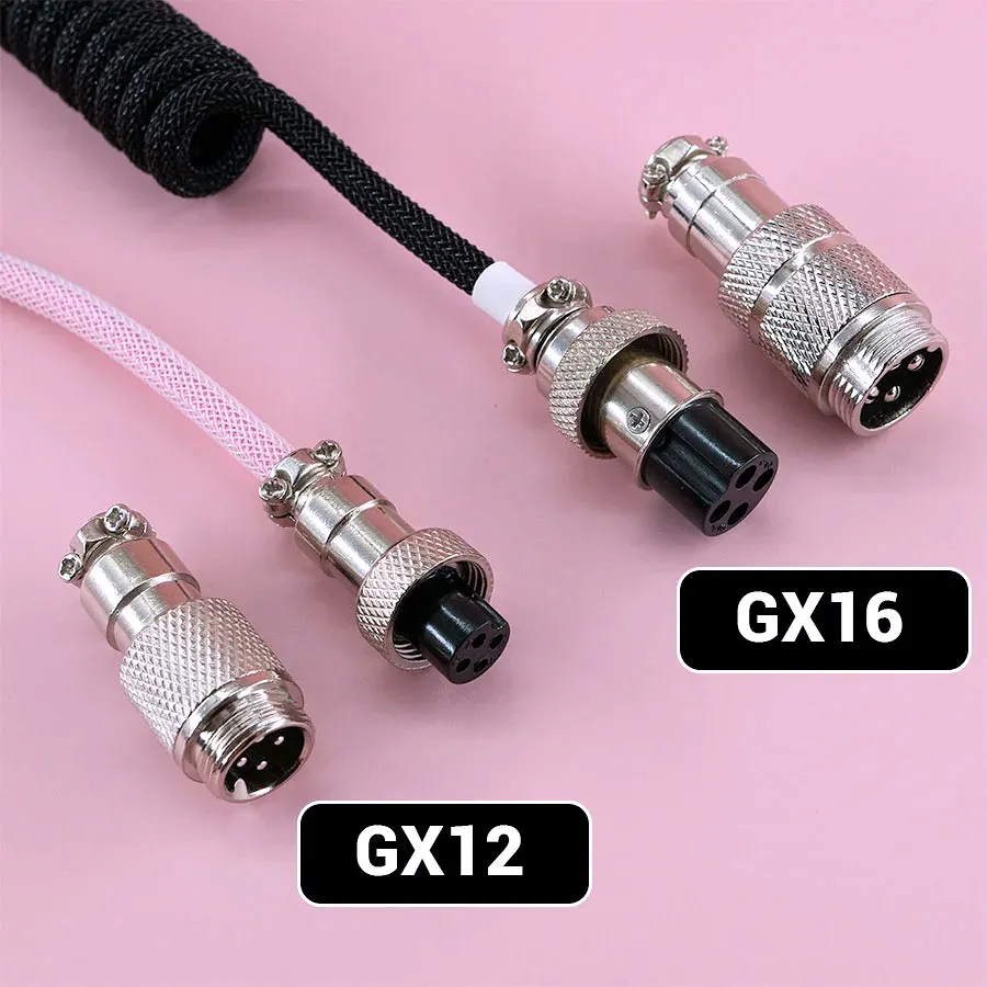 Four metal aviation connectors with braided cables are shown on a pink background, illustrating the gx12 vs gx16 comparison in size and connector type.
