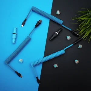 Custom coiled keyboard cable in vibrant blue paracord. Features USB-C and aviator connectors, detachable plugs, and a sleek braided finish.