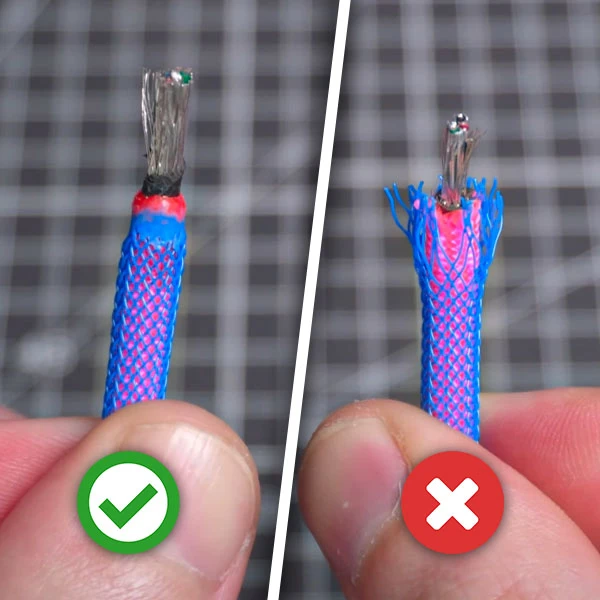 Two hands hold electrical wires, the left wire is neatly stripped, while the right wire is frayed. A green check mark and a red X indicate correct and incorrect methods.