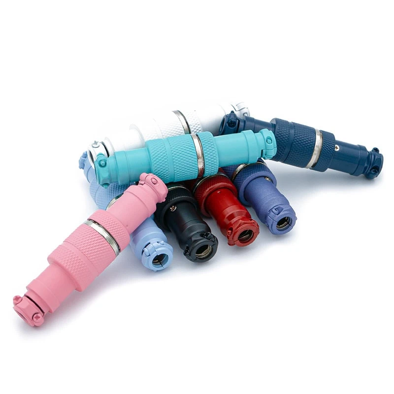 A group of Aviator connectors each featuring a GX16 Connector 4 pins, are displayed in various colors, pink, blue, white, black, and red, arranged in a semi-circle on a white background.