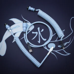 Custom keyboard cable featuring a blue paracord exterior, coiled sections, USB-C and aviator connectors, and quality heatshrink for durability.