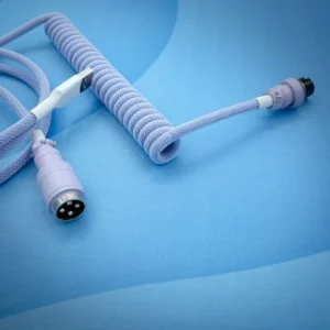 Purple coiled keyboard cable featuring USB-C and aviator connectors, paracord finish, and quality braiding for durability. Ideal for custom setups.