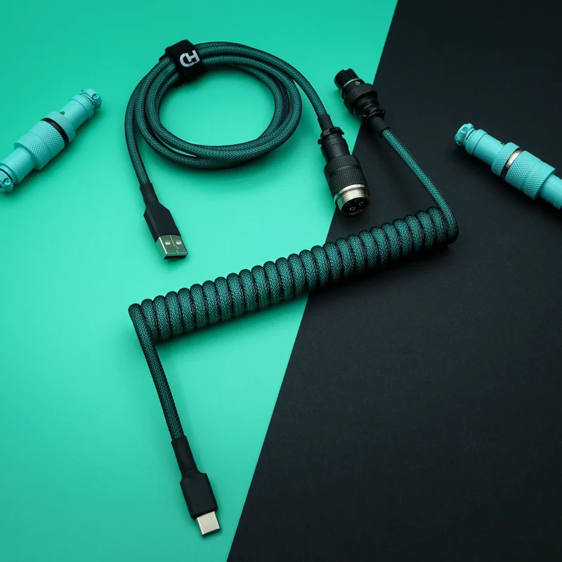 Custom GMK Hammerhead keyboard cable featuring a coiled design, USB-C connectors, durable paracord, and CNC metal housing for quality and style.