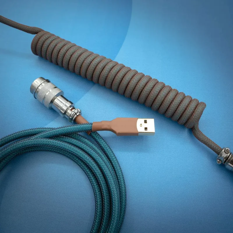 Custom GMK Copper Straight Keyboard Cable in teal with a coiled segment, USB-C and aviator connectors, featuring premium braiding and a sleek design.