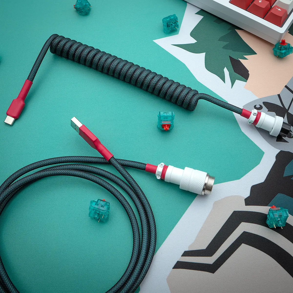 Custom spiral keyboard cable featuring a coiled portion in sleek black paracord, USB-C and detachable aviator connectors for versatility.