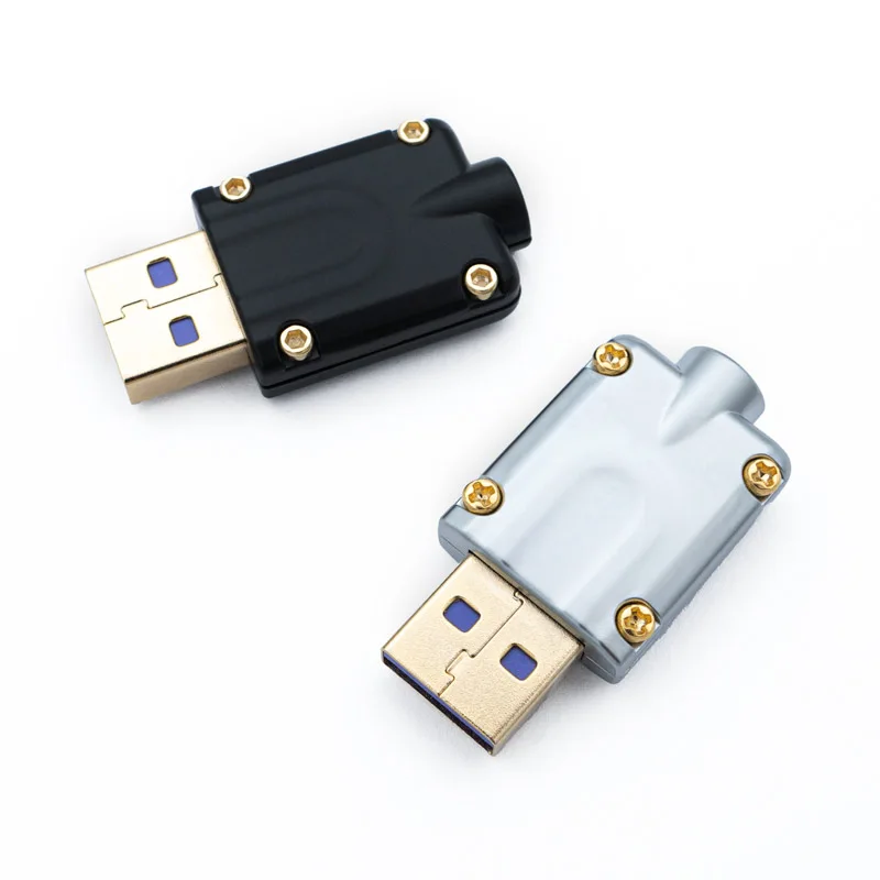 Two USB A cnc connector with metal USB A Housing CNC - V1 casings, one black and one silver, are placed on a white background.