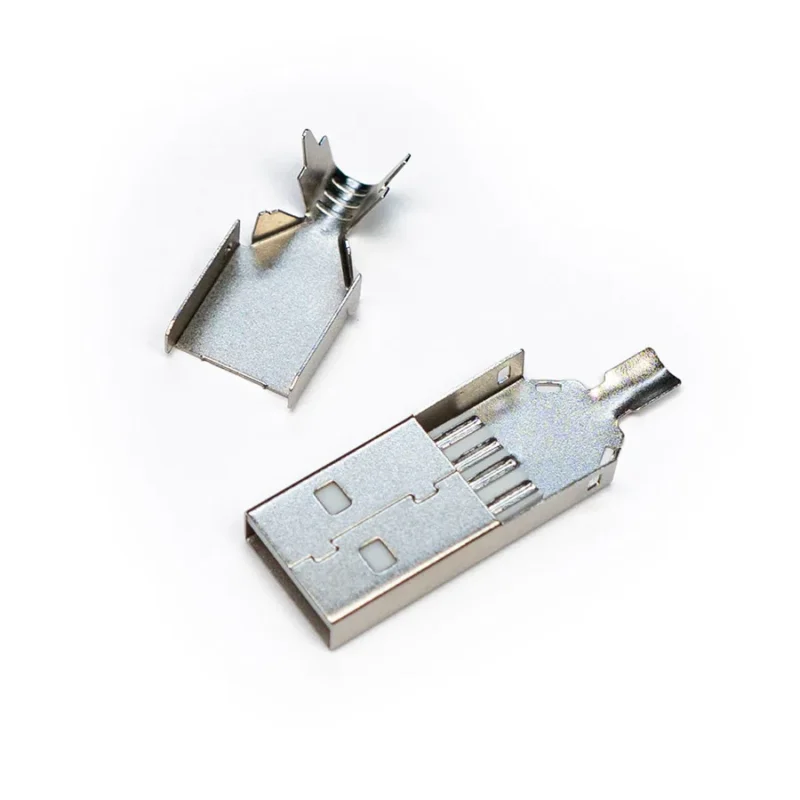 A disassembled USB 2.0 Type A - Solder Connector shell is shown with its top and bottom metal halves separated on a white background.